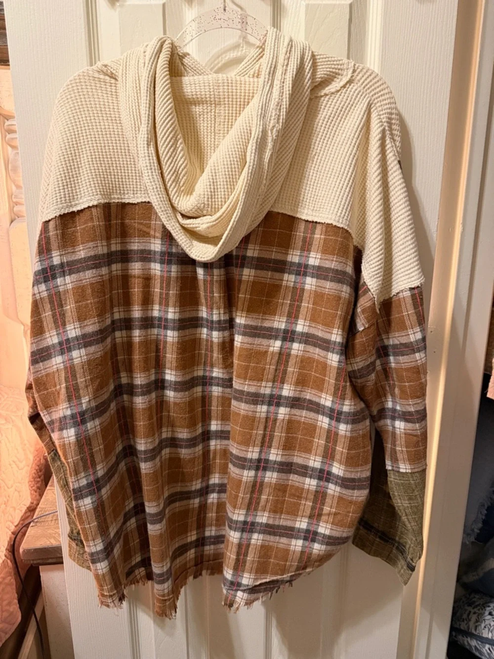 Oli & Hali Cream Waffle Knit Hoodie with Brown Plaid Accents - Picture 7 of 7